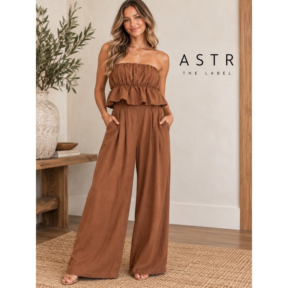 ASTR The Label Brown Strapless Wide Leg Jumpsuit Cotton Linen Size M